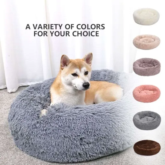 Long Faux Fur Fabric Dog Bed Comfortable Donut Round Dog Bed Super Soft Washable Pet Cushion Bed