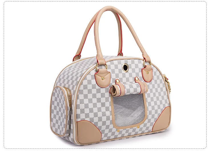 Design Classic Dog Handbag Grid PU Quality Leather Pet Carriers